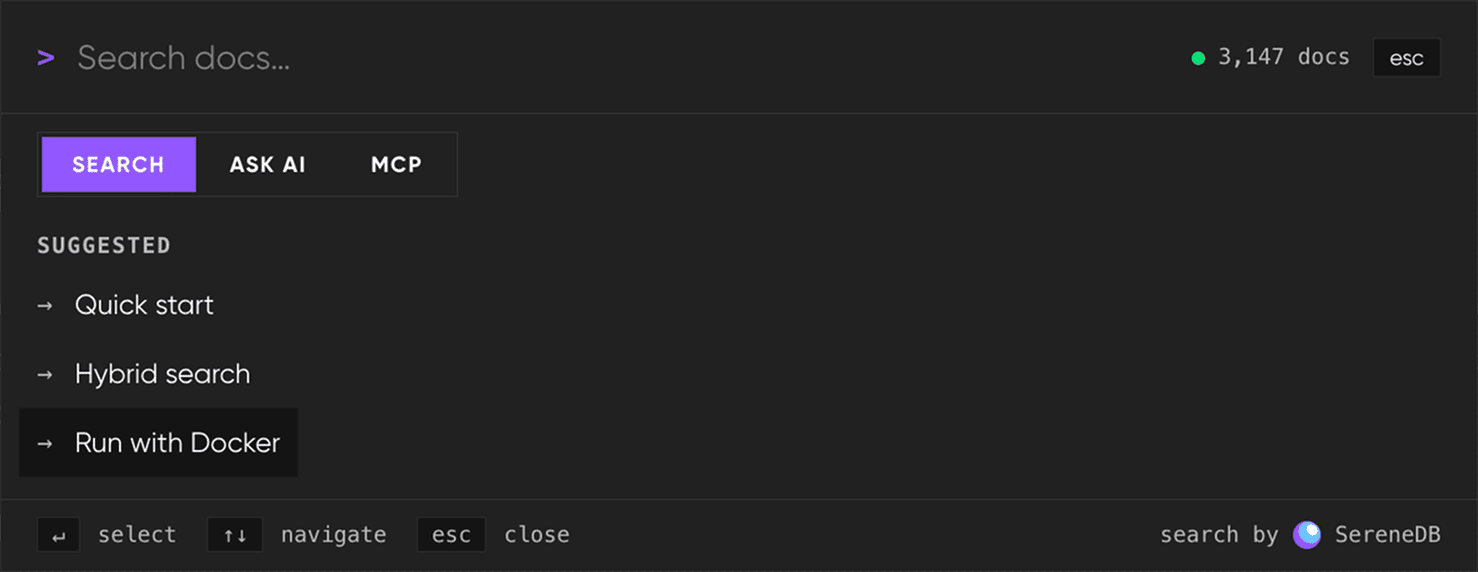 Serene Docs Search with suggested queries and Search, Ask AI and MCP tabs