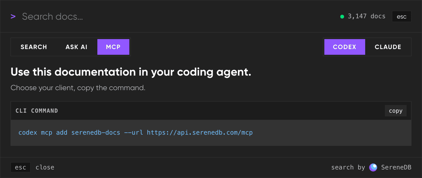 MCP setup for using the SereneDB documentation from Codex or Claude