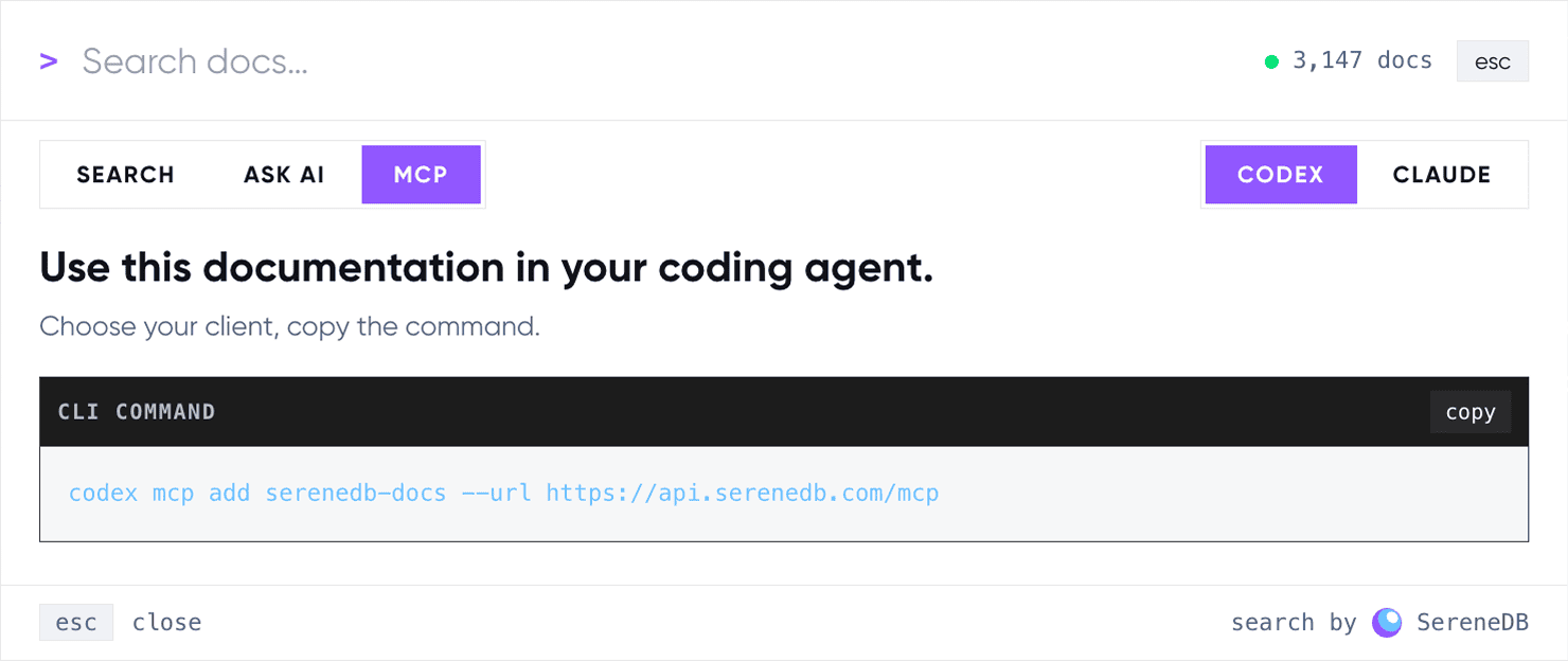 MCP setup for using the SereneDB documentation from Codex or Claude