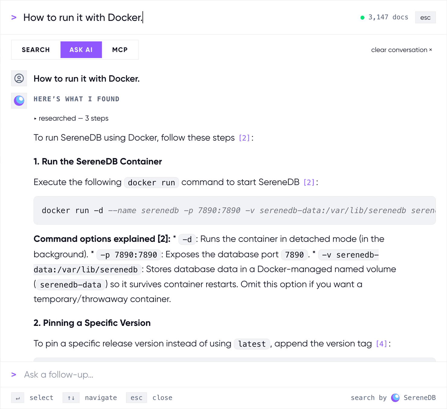 Ask AI answering a documentation question with cited sources